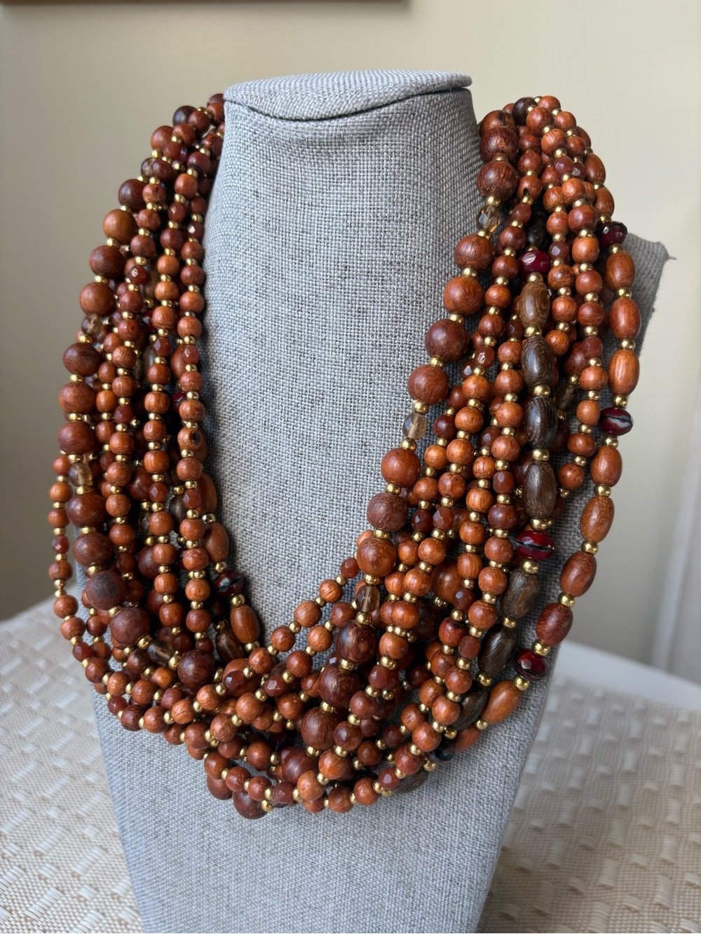 Vintage Joan Rivers 12 Strand Wooden Torsade Necklace Crystal Beads Boho